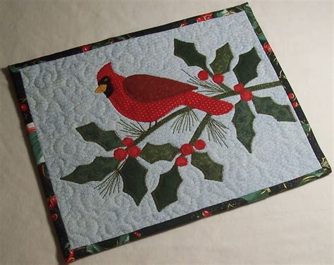 Cardinal/Holly Applique Quilted Mug Rug Quilted Placemat Patterns, Mug Rug Patterns, Bird ...