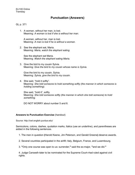 Punctuation Exercise Answer Key