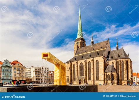 St. Bartholomew`s Cathedral in the Main Square of Plzen with a Fountain ...