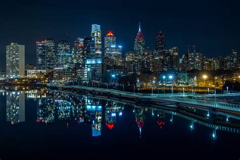 building, Lights, USA, Night, Skyscraper, Reflection, Promenades, River, Philadelphia, Water ...