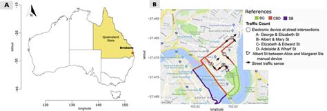 Map of monitored area: A-Brisbane city (orange dot) located in the... | Download Scientific Diagram