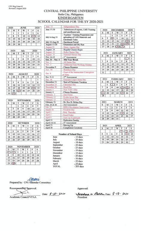 Kindergarten School Calendar for the SY 2020-2021 - Central Philippine University