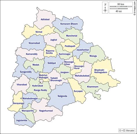 Telangana free map, free blank map, free outline map, free base map outline, districts, names ...