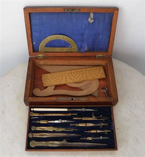 ANTIQUE DRAFTING SET Beautiful Rosewood Box Brass Protractor HInges ...