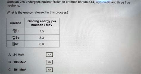 SOLVED: Uranium-236 undergoes nuclear fission to produce barium-144, krypton-89 and three free ...