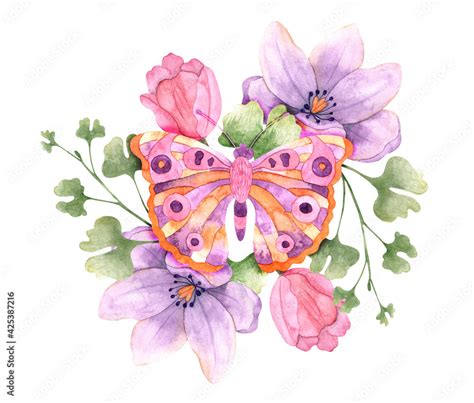 Butterfly and flowers composition. Watercolor floral illustration cut ...