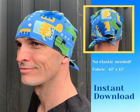 a man wearing a blue bandana with animals on it and the words men's scrub cap sewing pattern