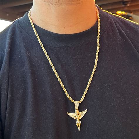 14k Gold Plated Praying Angel Pendant Iced CZ Wings Rope Chain Necklac