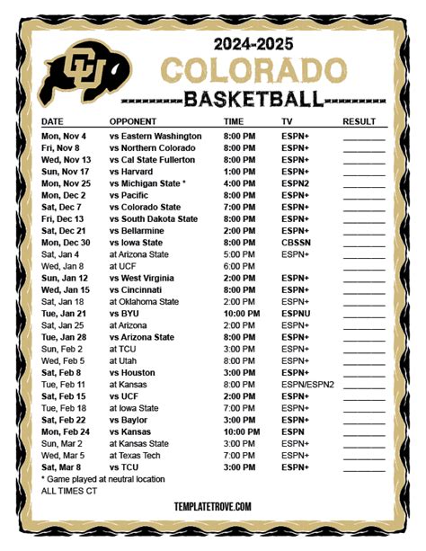 Printable 2024-2025 Colorado Buffaloes Basketball Schedule