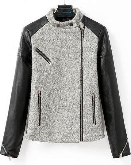 Grey Contrast Woolen Long Sleeve Zipper PU Jacket -SheIn(Sheinside)