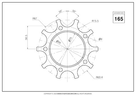 2D CAD EXERCISES 165 - STUDYCADCAM Gear Drawing, Face Line Drawing ...