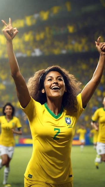 Premium AI Image | Female soccer player brazil celebrating goal in crowded stadium by winning ...