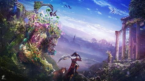 HD wallpaper: anime character beside fox overlooking fantasy world ...