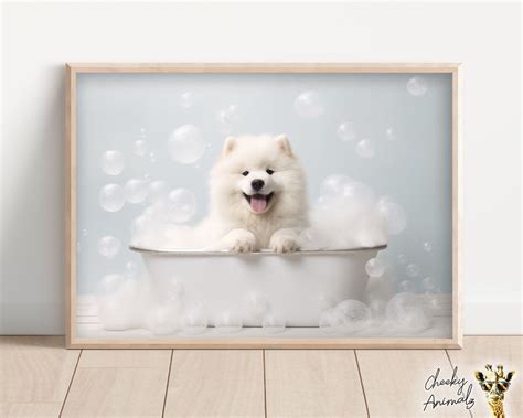 Samoyed Pup in the Bathtub, Cute Dog Photograph, Samoyed in Bubble Bath ...