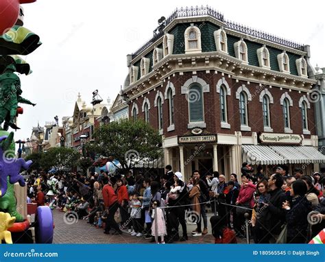 March 15, 2019â€“ People Crowd during Disney Parade. Characters at Disneyland Resort, Hong Kong ...