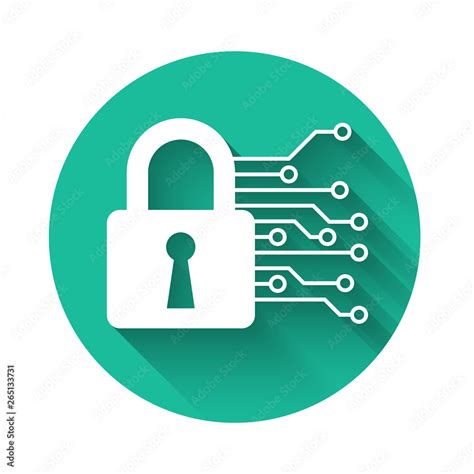 White Cyber security icon isolated with long shadow. Closed padlock on digital circuit board ...