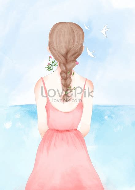 Hand painted watercolor fresh girl back view illustration image_picture ...