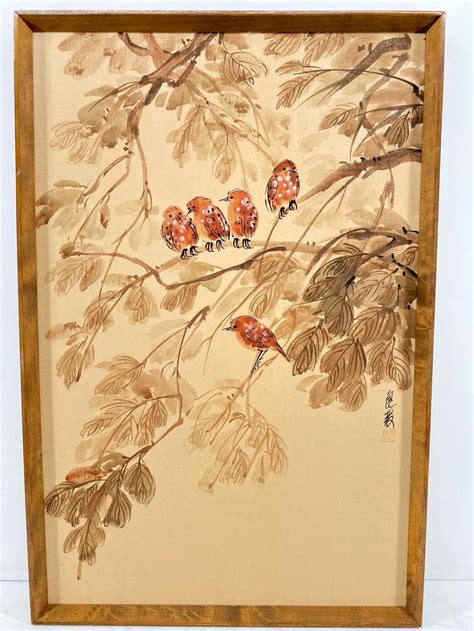 Lot - Japanese Silk Screen Birds on Trees Painting