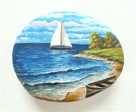 Landscape Rock Painting with Boat on the Beach by RockArtAttack | Stone painting, Painted rocks ...