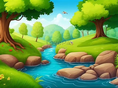 รูปCartoon Character Nature Scene Of River In The Forest, HD ภาพถ่ายforest river, forest ...