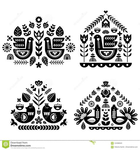 Folk Art Pattern Collection with Four Single Pattern. Monochrome ...