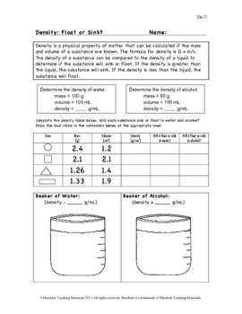 Density: Float or Sink? De-7 by Bluebird Teaching Materials | TPT