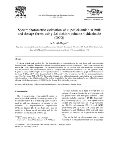 (PDF) Spectrophotometric estimation of d-penicillamine in bulk and dosage forms using 2,6 ...