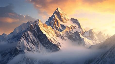 Premium AI Image | Mountain peak landscape with snow and clouds at sunrise