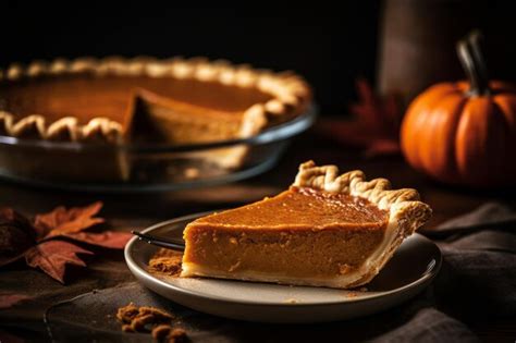 Premium AI Image | A slice of pumpkin pie sits on a plate with a fall leaf in the background.