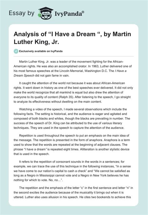 A paper on an analysis of "I have a Dream", by Martin Luther King, Jr. - 717 Words | Essay Example