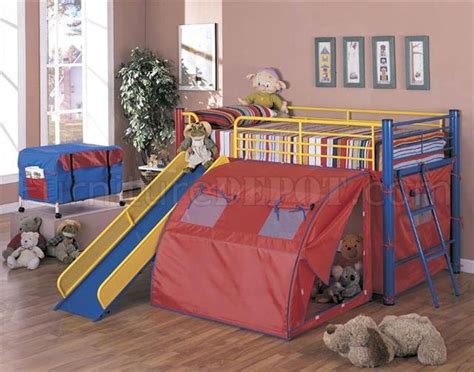 Multicolor Modern Kids Bunk Bed w/Ladder, Slide & Tent