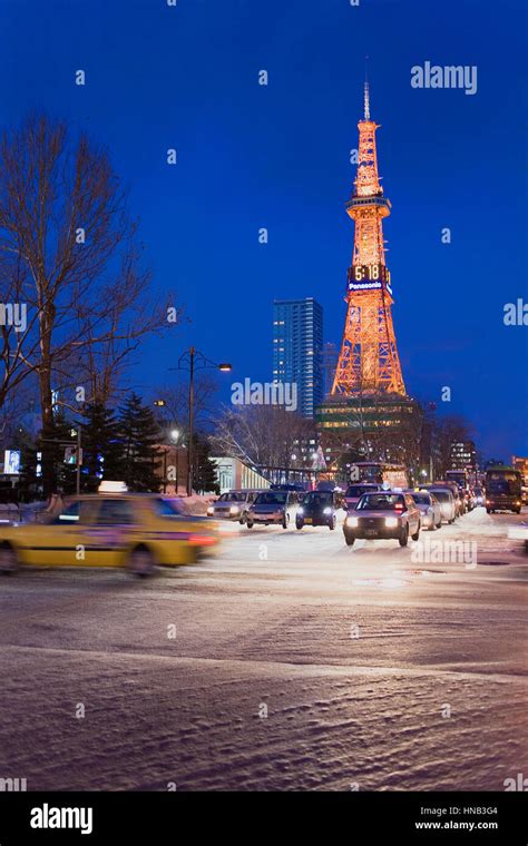 Night, traffic, Odori,Sapporo TV Tower,Sapporo, Hokkaido, Japan Stock ...