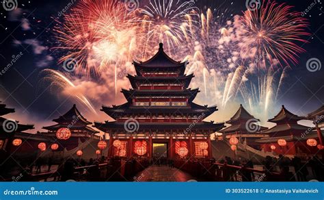 Chinese New Year Fireworks Over the Chinese Temple Stock Photo - Image of beautiful, traditional ...