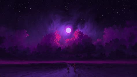 couple, BisBiswas, digital painting, artwork, night, sky, Moon, clouds ...