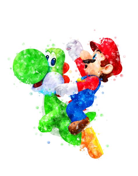 Super Mario Yoshi Art Print Super Mario Poster Mario and Yoshi Printable Super Mario Watercolor ...