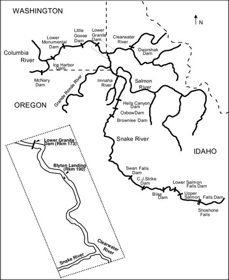 Map of Snake River watershed. Inset shows Lower Granite Dam and Blyton ...