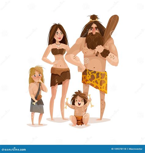 Caveman Family Hunter Muscular Man Cartoon Character Emotions Vector Illustration ...