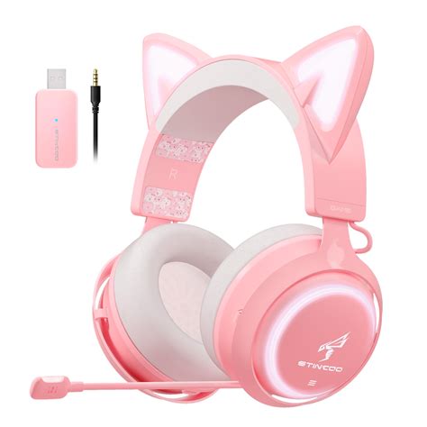 SOMiC GS510 Pink Cat Ear Headphones 2.4G Wireless Headset with Retractable Mic Noise Cancelling ...