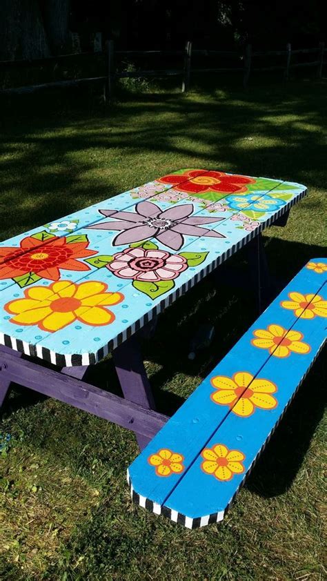 My picnic table | Painted picnic tables, Backyard table decorations ...