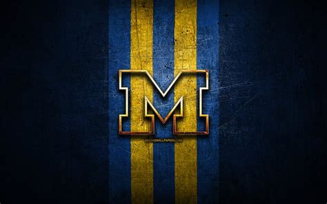 Download wallpapers Michigan Wolverines, golden logo, NCAA, blue metal ...