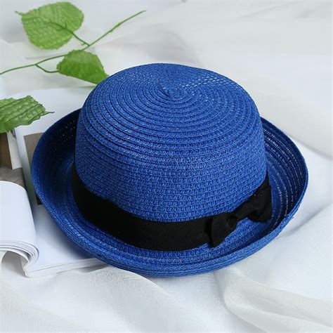 Acappella - Women Blue Soft Straw Round Top Fedora Hat Ribbon Bowler 2" Floppy Roll Brim Casual ...