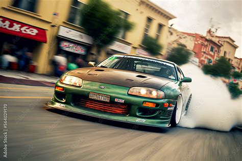 Tuned Toyota Supra drifting through Los Angeles. Generative AI. Stock ...