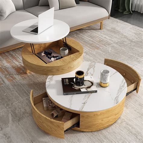 Modern Round Coffee Table with Storage Lift-Top Wood & Stone Coffee Table with 2 Drawers ...