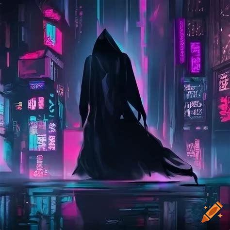 Dark artwork of grim reaper in neon cyberpunk city on Craiyon