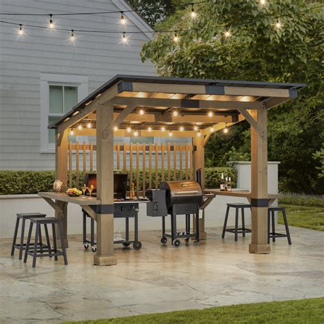 Sunjoy 10 ft. x 11 ft. Cedar Wood Framed Hot Tub Gazebo with Steel ...