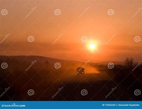 Car driving at sunset stock photo. Image of scenic, landscape - 19346226