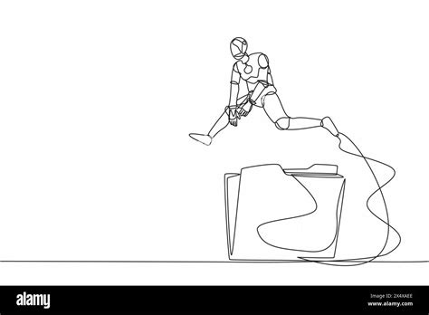 Single one line drawing robot jumping over big folder icon. User data ...