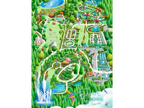 Playful, highly detailed art print of Butchart Gardens as seen from th ...