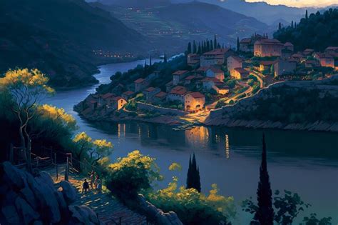 Premium AI Image | A painting of a village by the river