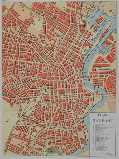 Belfast map at the beginning of 20th century. Old book plate, 1910 ...